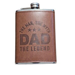 Dad The Man Myth Flask Stainless Steel Embossed Brown Faux Leather Wrap 8oz Gift